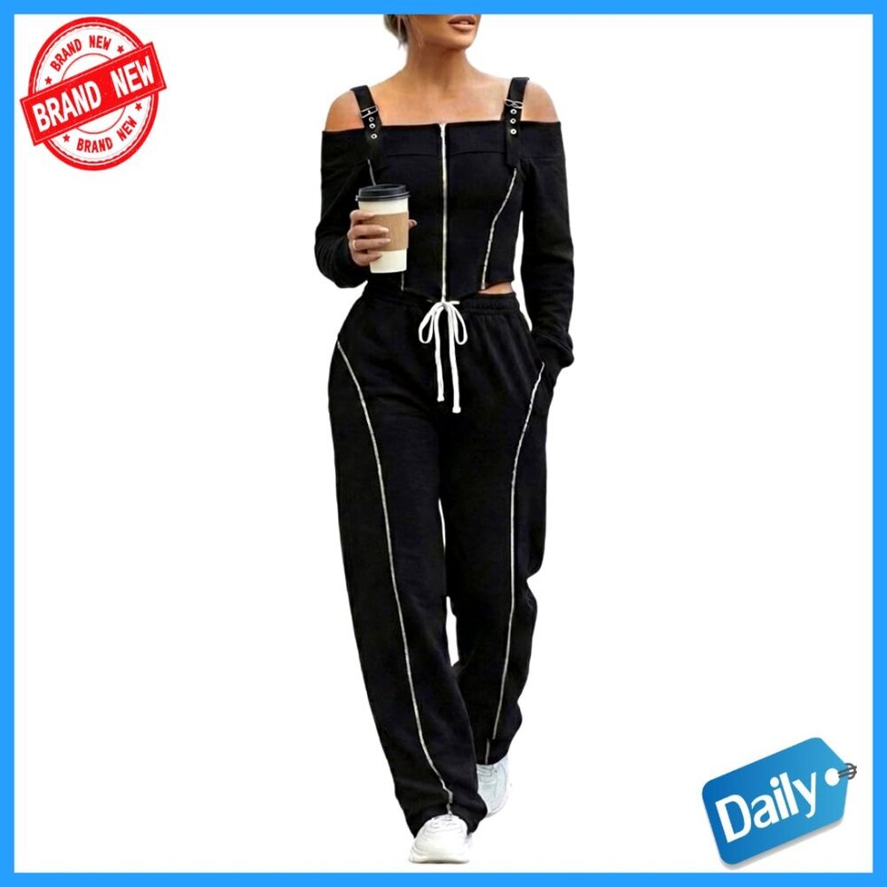 Two Piece Lounge Set Cold Shoulder Top Wide Leg Pants Travel Outfit